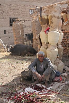 Haendler mit seiner Ware vor Turm aus Tonkruegen, dahinter Tiere