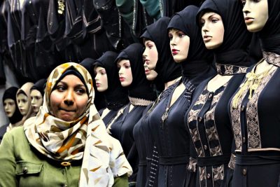 Frau mit Kopftuch vor Schaufensterpuppen